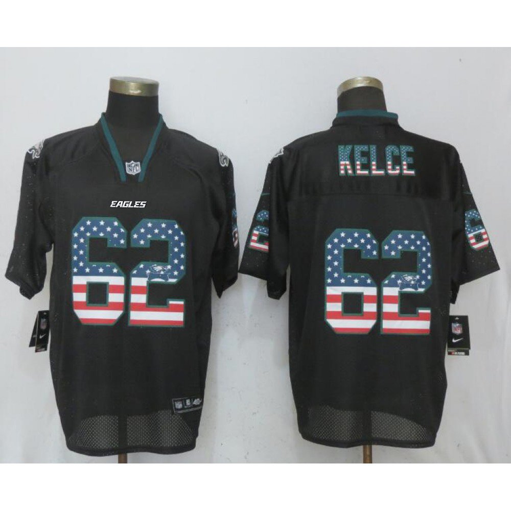 Men's Philadelphia Eagles #62 Jason Kelce Black USA Flag Elite Stitched NFL Jersey 