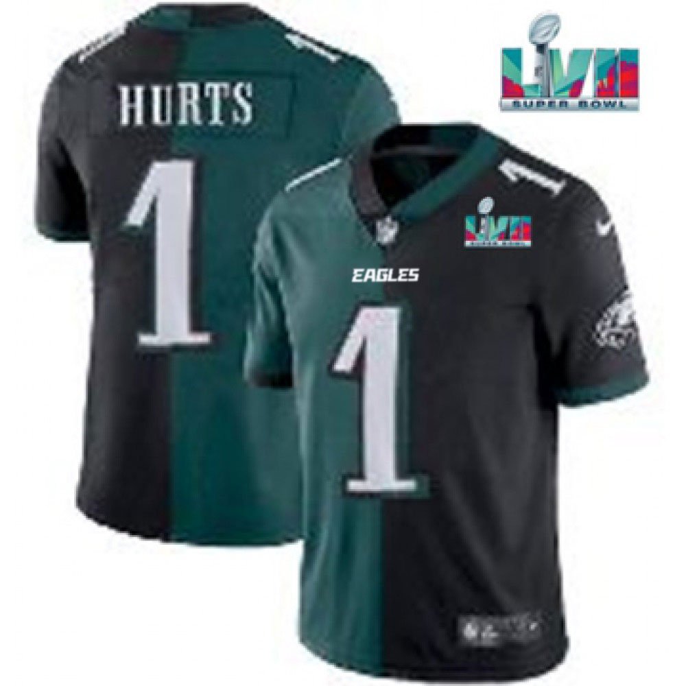 Men's Philadelphia Eagles #1 Jalen Hurts Black & Green Split Super Bowl LVII Patch Limited Stitched Jersey 