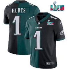 Men's Philadelphia Eagles #1 Jalen Hurts Black & Green Split Super Bowl LVII Patch Limited Stitched Jersey 