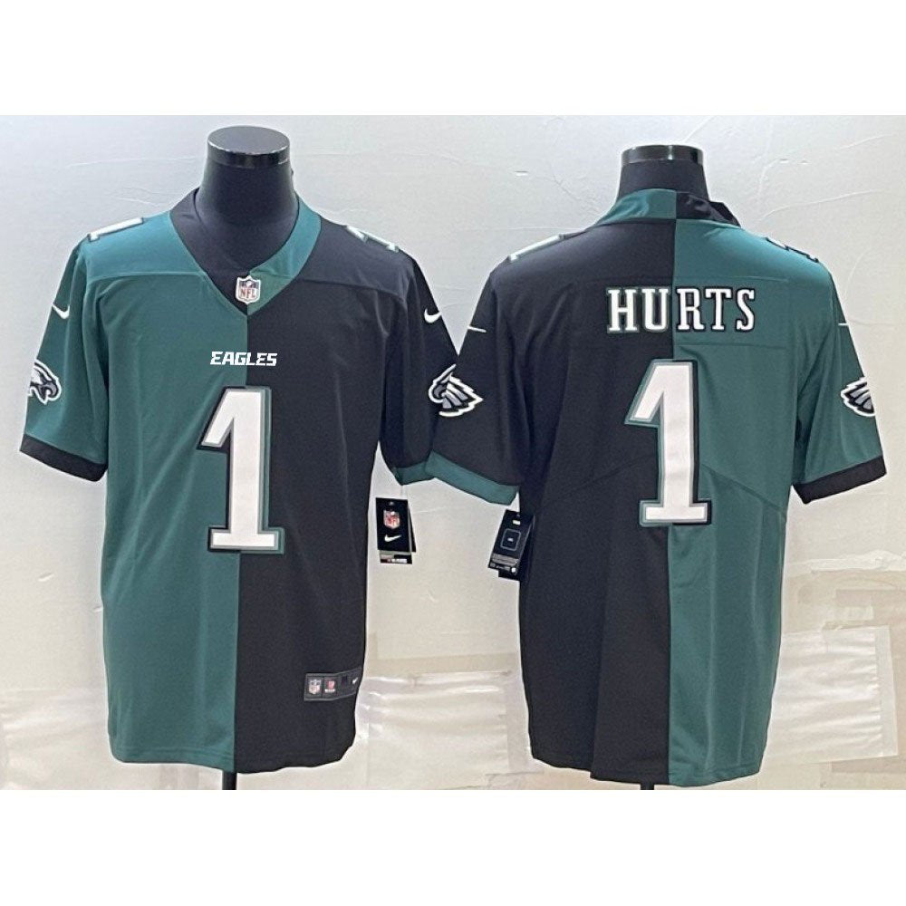 Men's Philadelphia Eagles #1 Jalen Hurts Black & Green Split Limited Stitched Jersey 