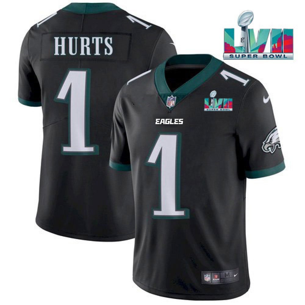 Men's Philadelphia Eagles #1 Jalen Hurts Black Super Bowl LVII Patch Vapor Untouchable Limited Stitched Jersey 