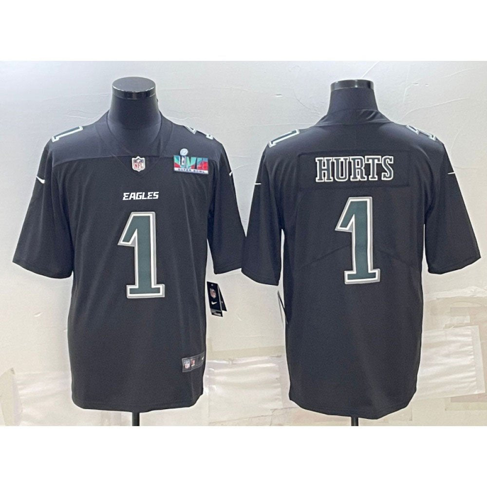 Men's Philadelphia Eagles #1 Jalen Hurts Black Green Super Bowl LVII Patch Vapor Untouchable Limited Stitched Jersey 
