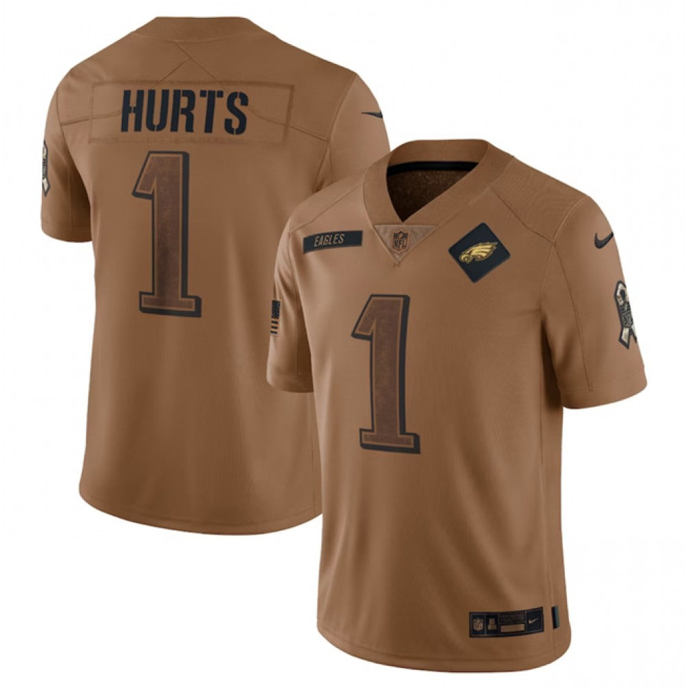 Men's Philadelphia Eagles #1 Jalen Hurts 2023 Brown Salute To Service Limited Stitched Football Jersey 