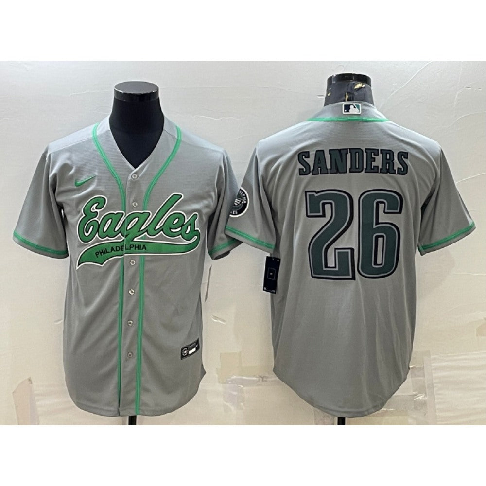 Men's Philadelphia Eagles #26 Miles Sanders Gray With Patch Cool Base Stitched Baseball Jersey 