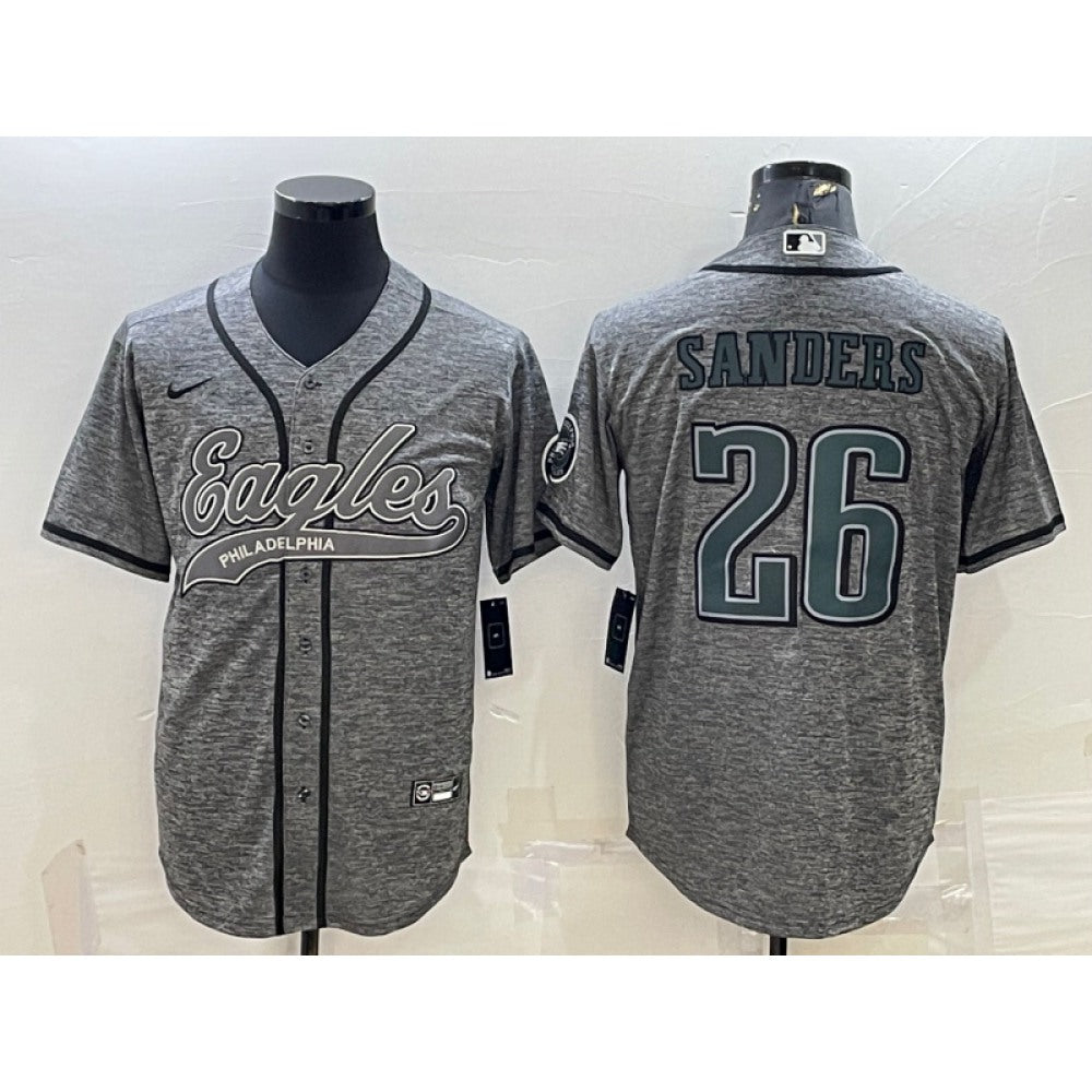 Men's Philadelphia Eagles #26 Miles Sanders Gray With Patch Cool Base Stitched Baseball Jersey 
