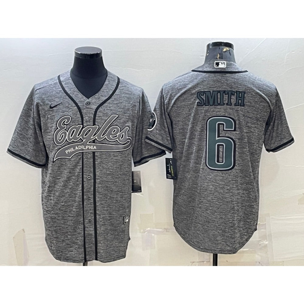 Men's Philadelphia Eagles #6 DeVonta Smith Gray With Patch Cool Base Stitched Baseball Jersey 