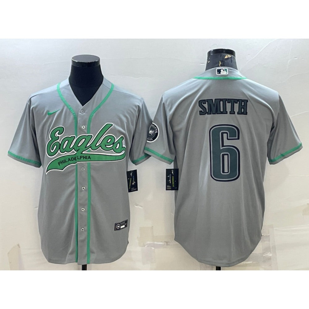 Men's Philadelphia Eagles #6 DeVonta Smith Gray With Patch Cool Base Stitched Baseball Jersey 