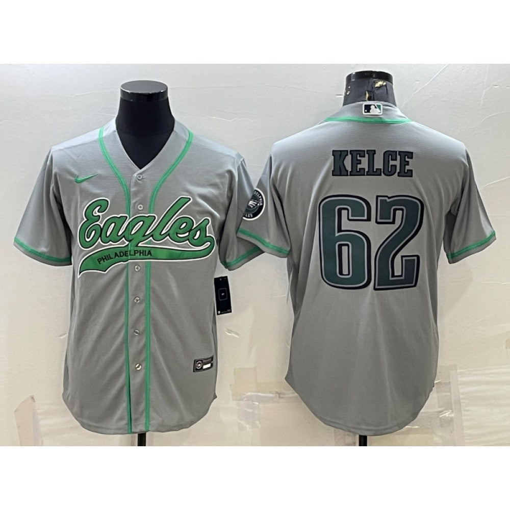 Men's Philadelphia Eagles #62 Jason Kelce Gray With Patch Cool Base Stitched Baseball Jersey 