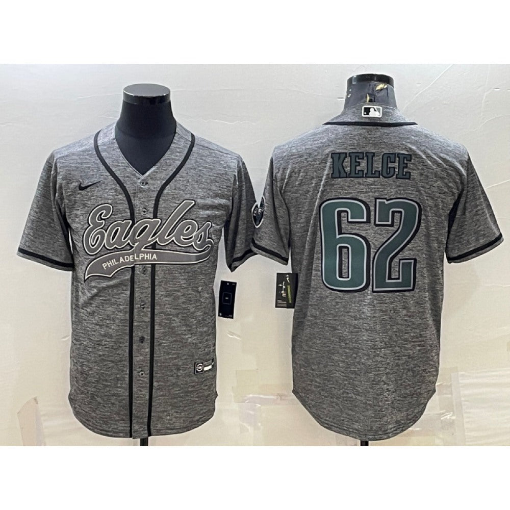 Men's Philadelphia Eagles #62 Jason Kelce Gray With Patch Cool Base Stitched Baseball Jersey 