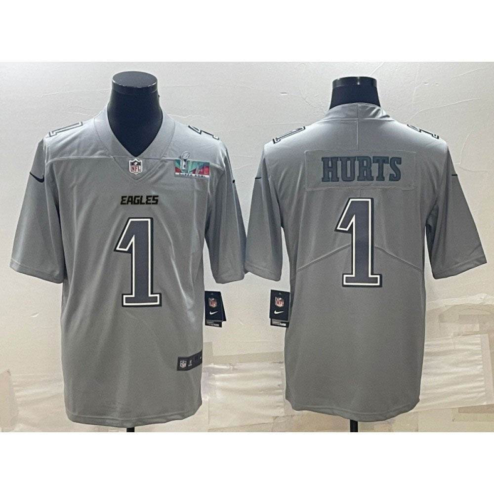 Men's Philadelphia Eagles #1 Jalen Hurts Gray Super Bowl LVII Patch Atmosphere Fashion Stitched Jersey 