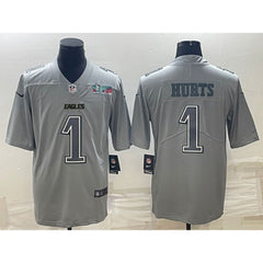 Men's Philadelphia Eagles #1 Jalen Hurts Gray Super Bowl LVII Patch Atmosphere Fashion Stitched Jersey 