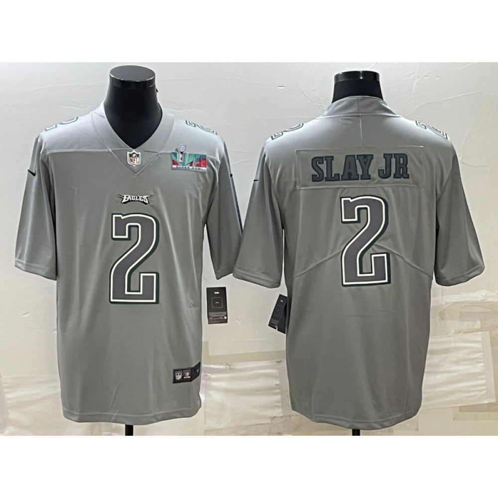 Men's Philadelphia Eagles #2 Darius Slay JR Gray Super Bowl LVII Patch Atmosphere Fashion Stitched Jersey 