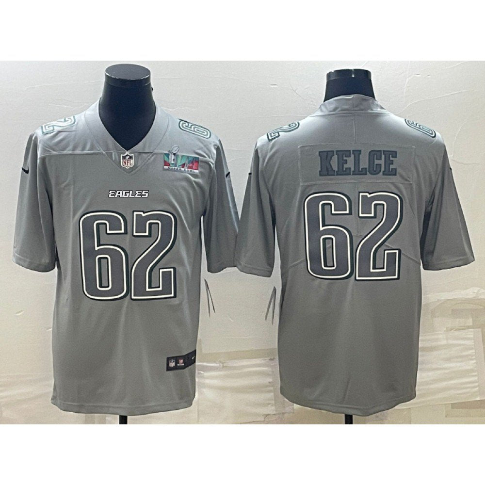 Men's Philadelphia Eagles #62 Jason Kelce Gray Super Bowl LVII Patch Atmosphere Fashion Stitched Jersey 