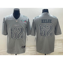 Men's Philadelphia Eagles #62 Jason Kelce Gray Super Bowl LVII Patch Atmosphere Fashion Stitched Jersey 