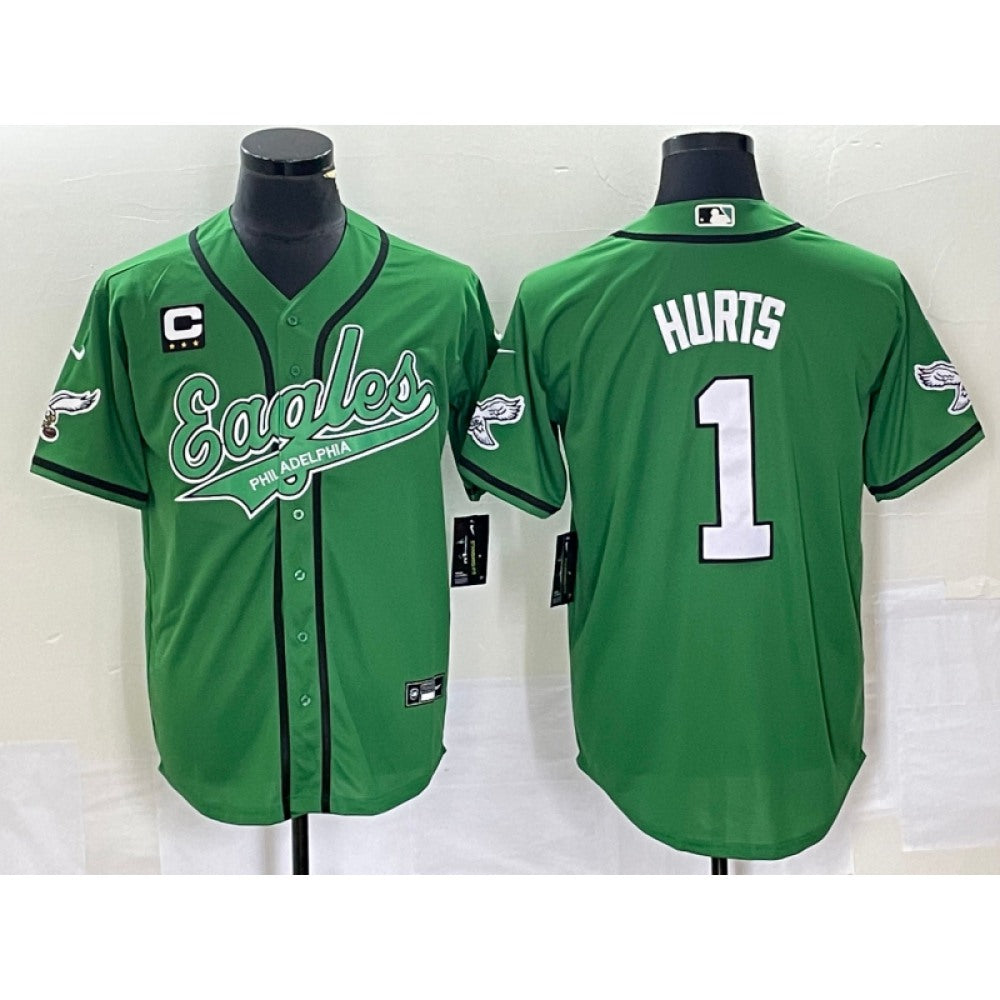 Men's Philadelphia Eagles #1 Jalen Hurts Green With 3-star C Patch Cool Base Stitched Baseball Jersey 