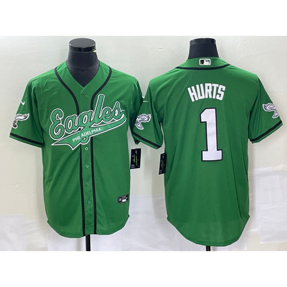 Men's Philadelphia Eagles #1 Jalen Hurts Green Cool Base Stitched Baseball Jersey 