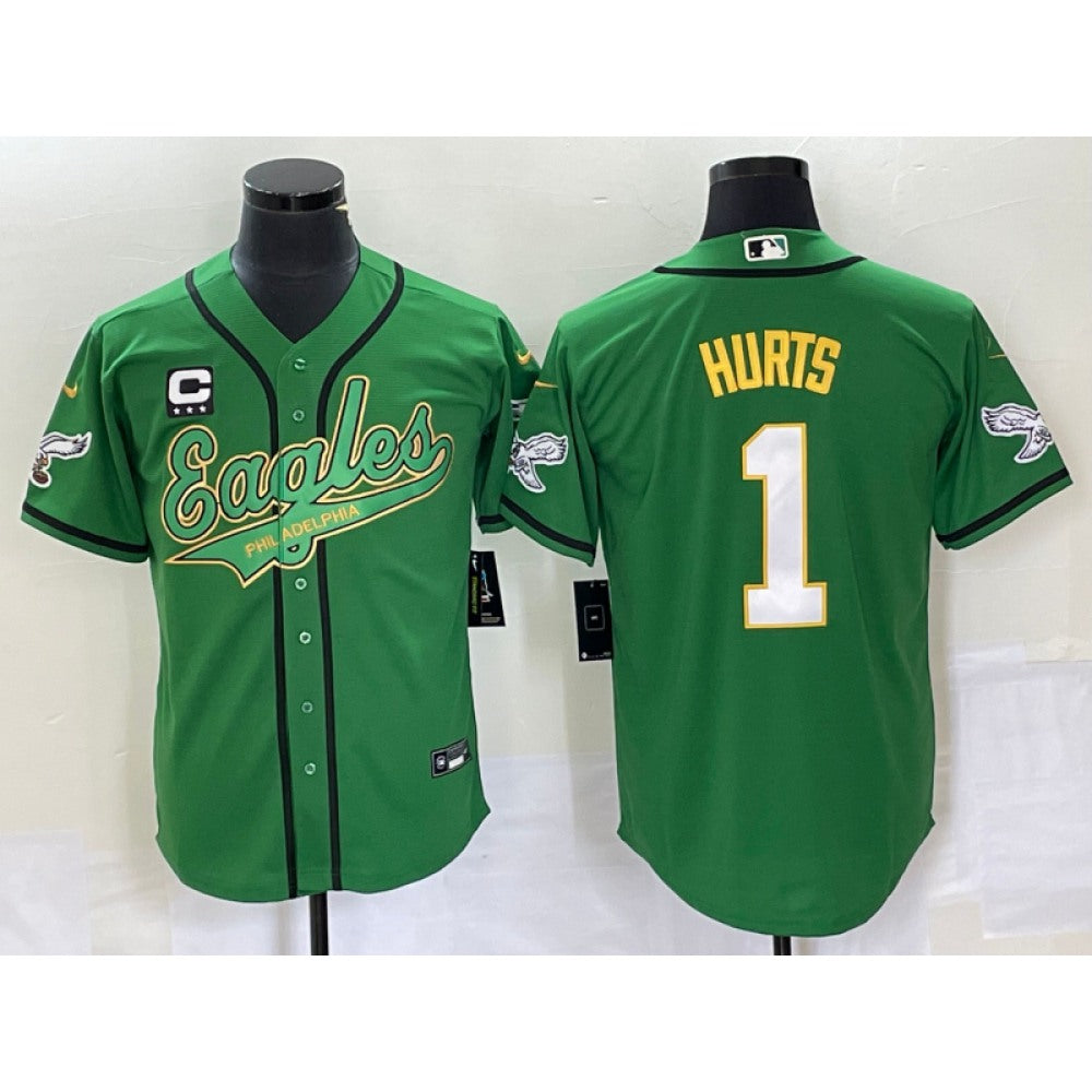 Men's Philadelphia Eagles #1 Jalen Hurts Green Gold With 3-starC Patch Cool Base Stitched Baseball Jersey 