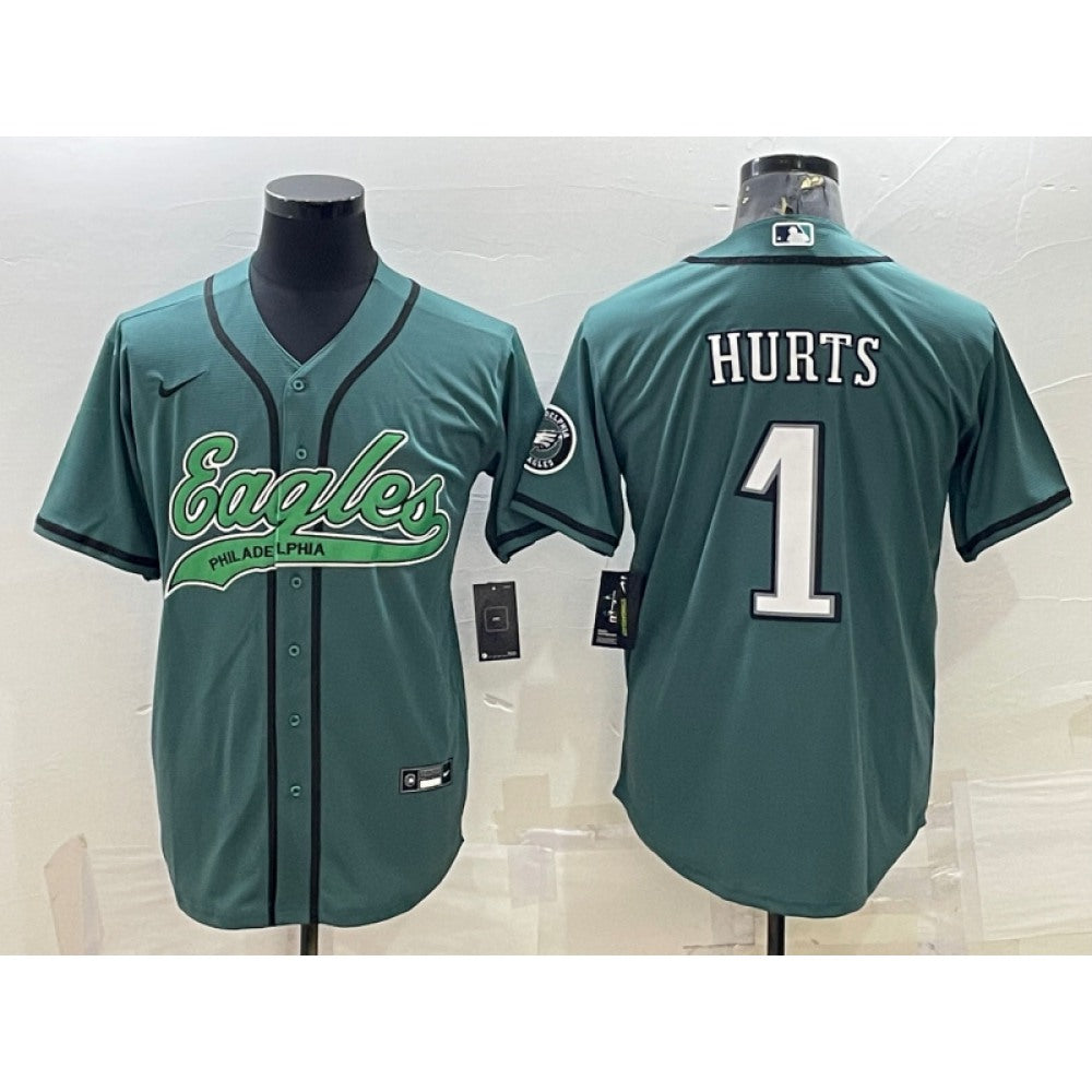 Men's Philadelphia Eagles #1 Jalen Hurts Green With Patch Cool Base Stitched Baseball Jersey 