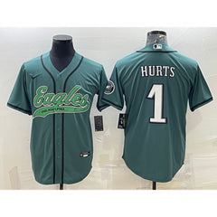 Men's Philadelphia Eagles #1 Jalen Hurts Green With Patch Cool Base Stitched Baseball Jersey 