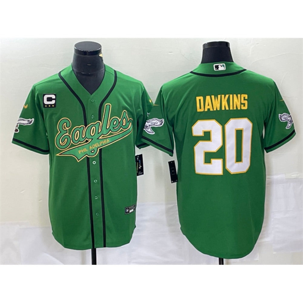 Men's Philadelphia Eagles #20 Brian Dawkins Green Gold With 3-star  C Patch Cool Base Stitched Baseball Jersey 