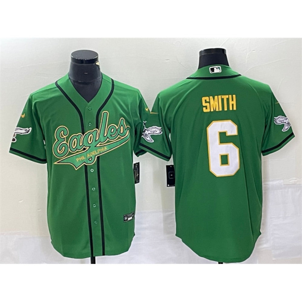 Men's Philadelphia Eagles #6 DeVonta Smith Green Gold Cool Base Stitched Baseball Jersey 