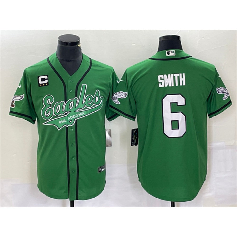 Men's Philadelphia Eagles #6 DeVonta Smith Green With 3-star C Patch Cool Base Stitched Baseball Jersey 