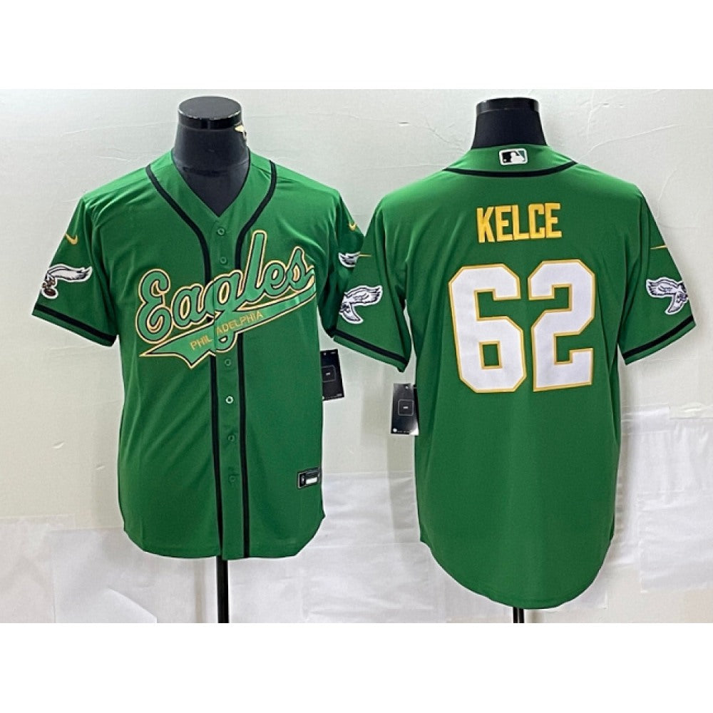 Men's Philadelphia Eagles #62 Jason Kelce Green Gold Cool Base Stitched Baseball Jersey 