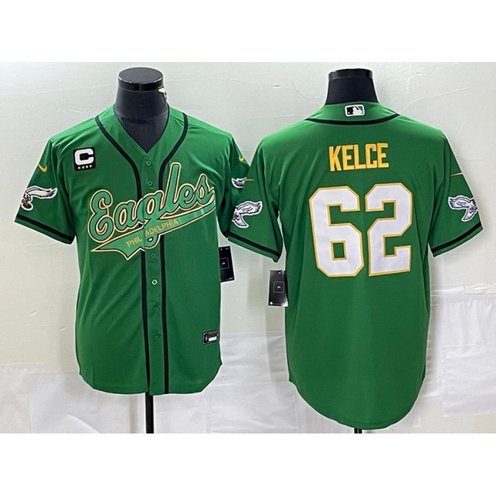 Men's Philadelphia Eagles #62 Jason Kelce Green Gold With 4-star C Patch Cool Base Stitched Baseball Jersey 