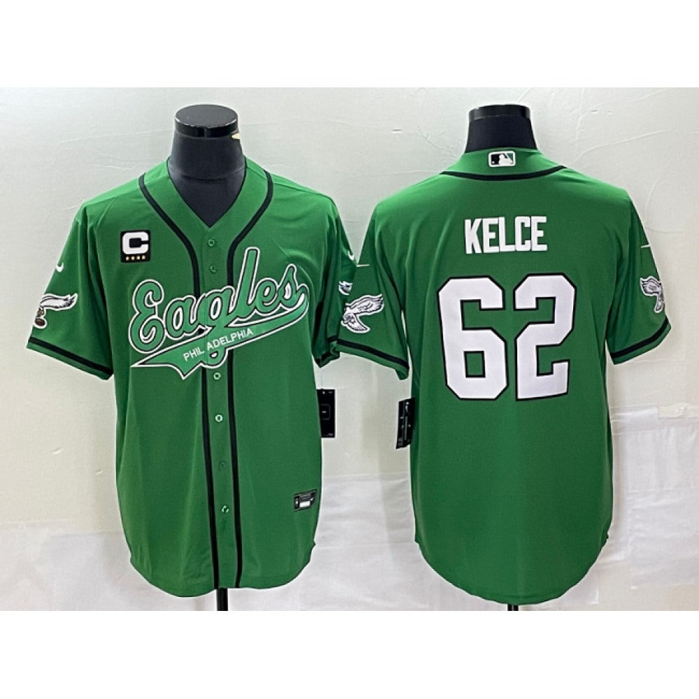 Men's Philadelphia Eagles #62 Jason Kelce Green With 4-star C Patch Cool Base Stitched Baseball Jersey 