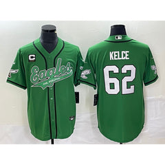 Men's Philadelphia Eagles #62 Jason Kelce Green With 4-star C Patch Cool Base Stitched Baseball Jersey 