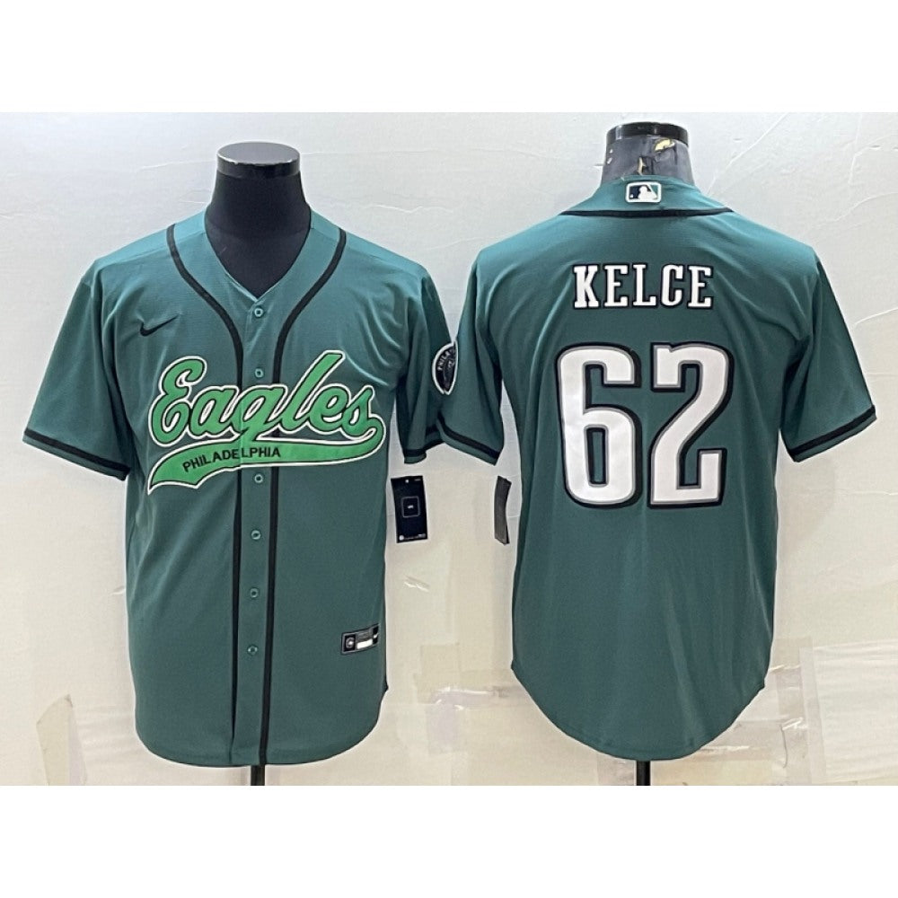 Men's Philadelphia Eagles #62 Jason Kelce Green With Patch Cool Base Stitched Baseball Jersey 