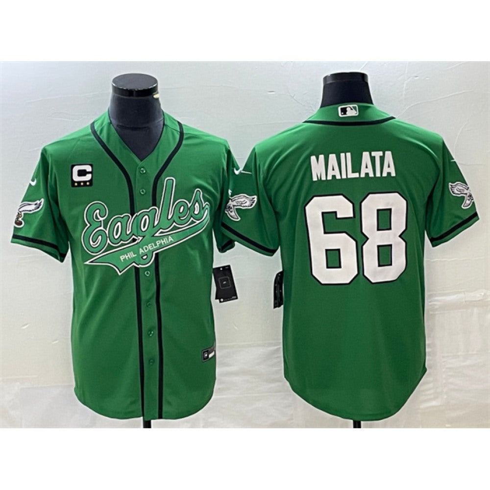 Men's Philadelphia Eagles #68 Jordan Mailata Green With 3-star C Patch Cool Base Stitched Baseball Jersey 
