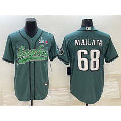 Men's Philadelphia Eagles #68 Jordan Mailata Green With Super Bowl LVII Patch Cool Base Stitched Baseball Jersey 