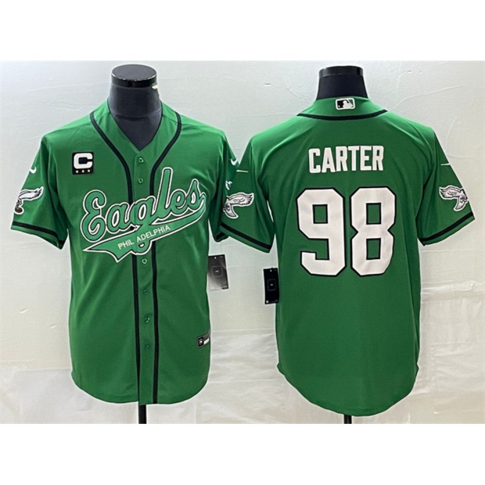 Men's Philadelphia Eagles #98 Jalen Carter Green With 3-star C Patch Cool Base Stitched Baseball Jersey 