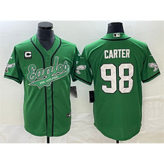 Men's Philadelphia Eagles #98 Jalen Carter Green With 3-star C Patch Cool Base Stitched Baseball Jersey 