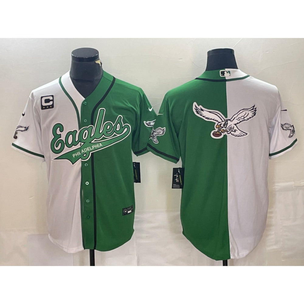 Men's Philadelphia Eagles Green/White Split Team Big Logo With 3-star C Patch Cool Base Stitched Baseball Jersey 
