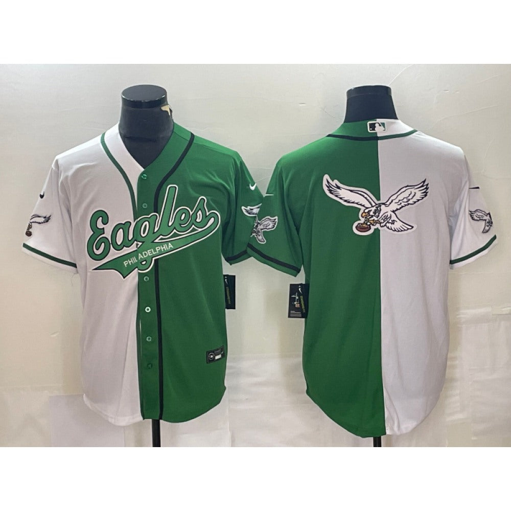 Men's Philadelphia Eagles Green/White Split Team Big Logo Cool Base Stitched Baseball Jersey 