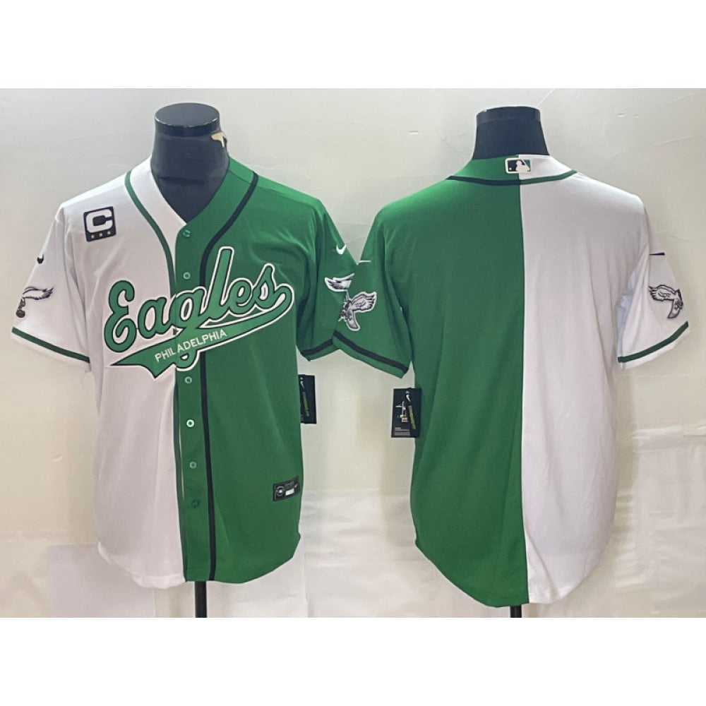Men's Philadelphia Eagles Blank Green/White Split With 3-star C Patch Cool Base Stitched Baseball Jersey 