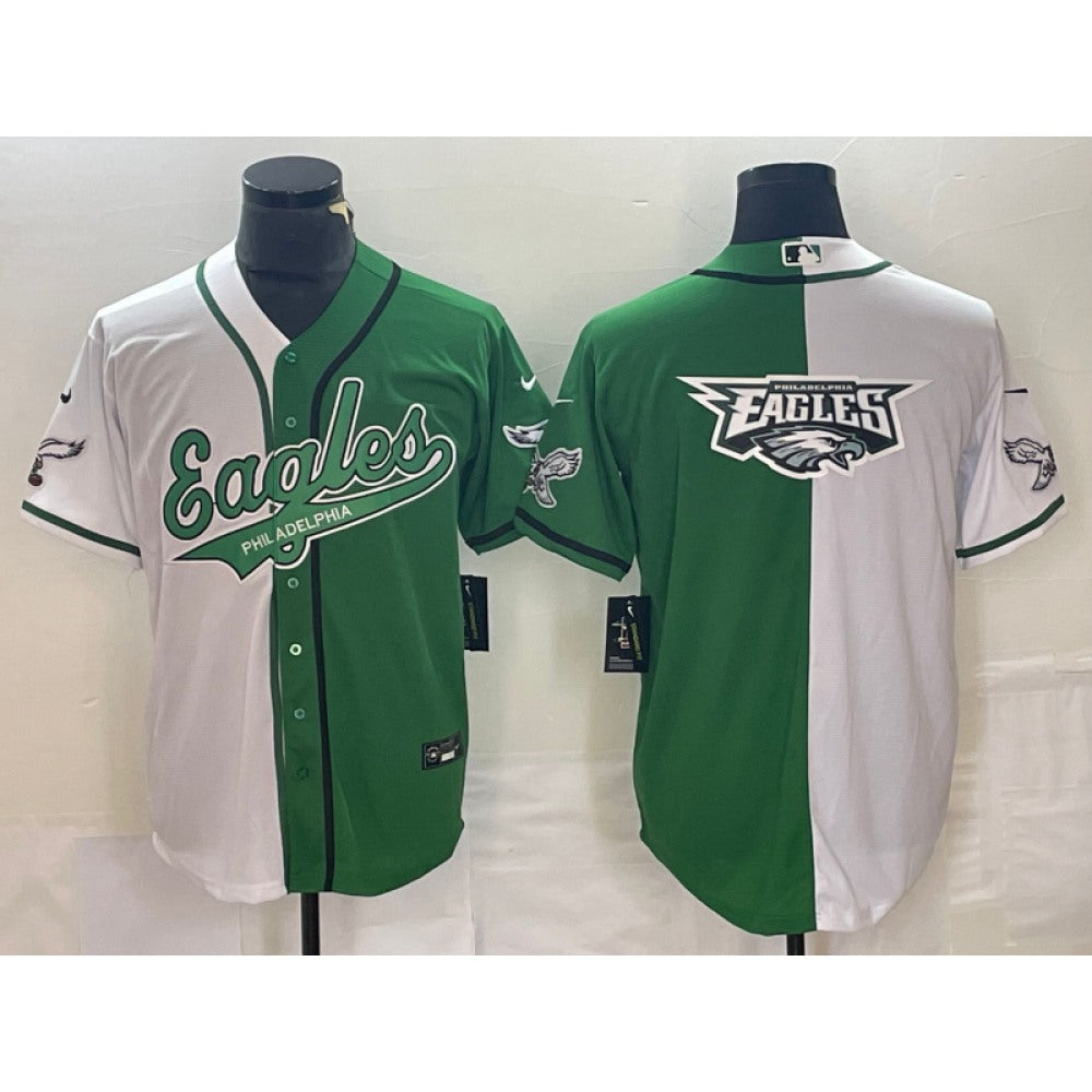 Men's Philadelphia Eagles Green/White Split Team Big Logo Cool Base Stitched Baseball Jersey 