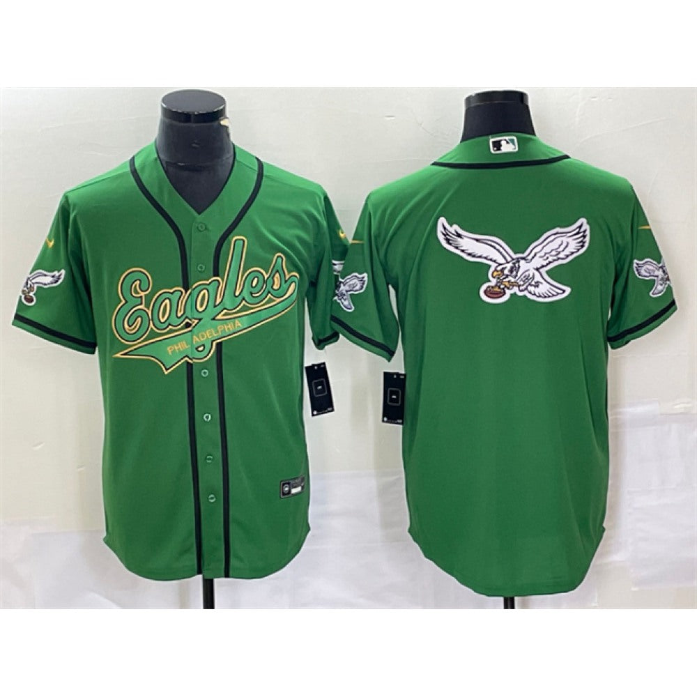 Men's Philadelphia Eagles Green Gold Team Big Logo Cool Base Stitched Baseball Jersey 