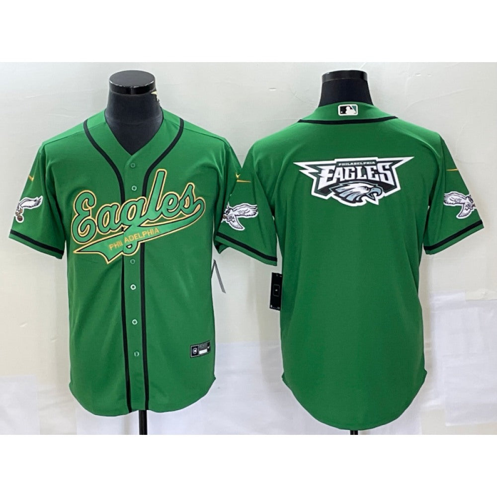 Men's Philadelphia Eagles Green Gold Team Big Logo Cool Base Stitched Baseball Jersey 