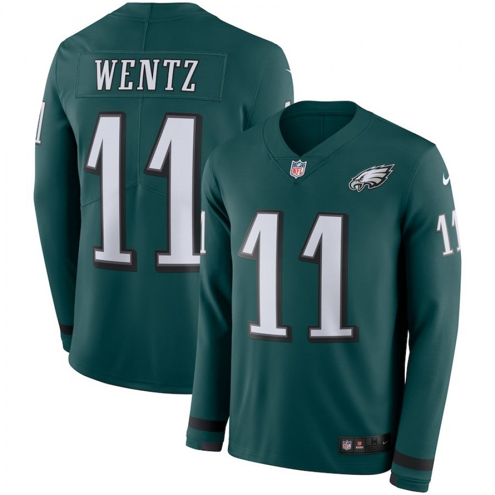 Men's Philadelphia Eagles #11 Carson Wentz Green Therma Long Sleeve Stitched NFL Jersey 