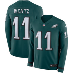 Men's Philadelphia Eagles #11 Carson Wentz Green Therma Long Sleeve Stitched NFL Jersey 