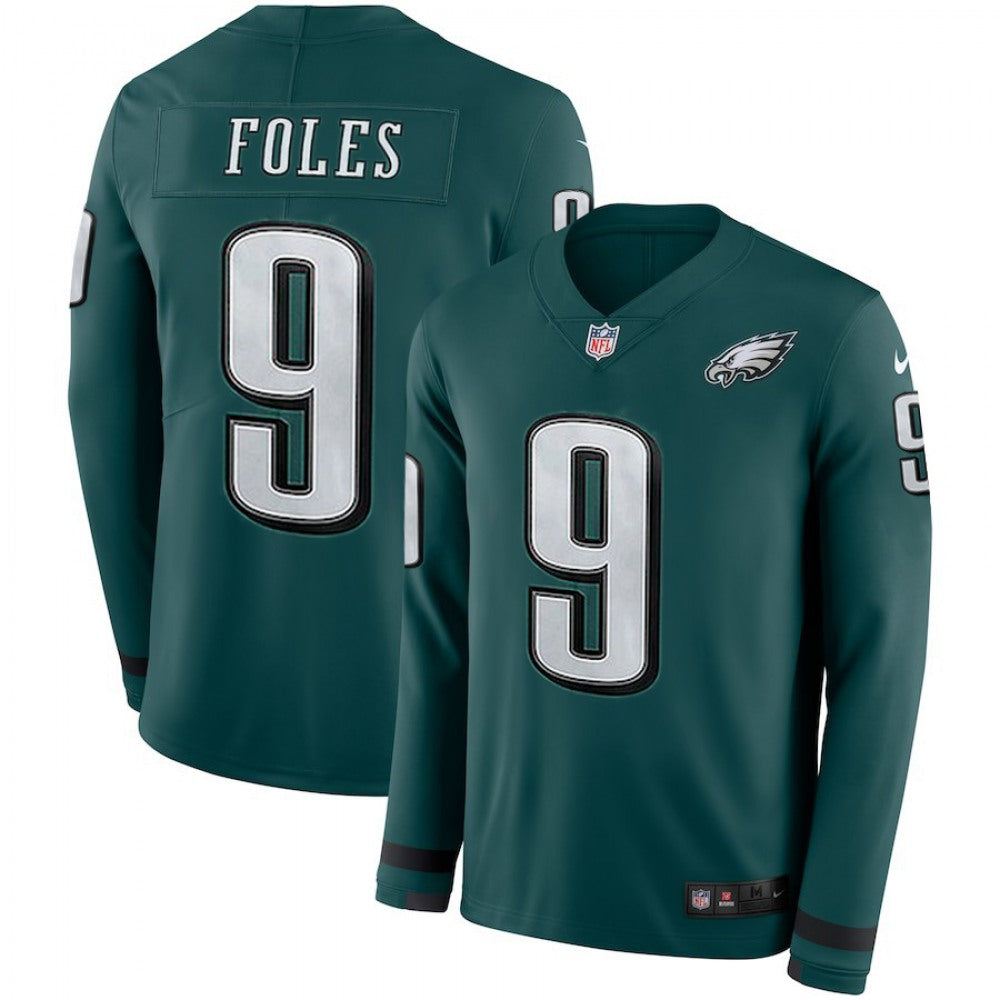 Men's Philadelphia Eagles #9 Nick Foles Green Therma Long Sleeve Stitched NFL Jersey 