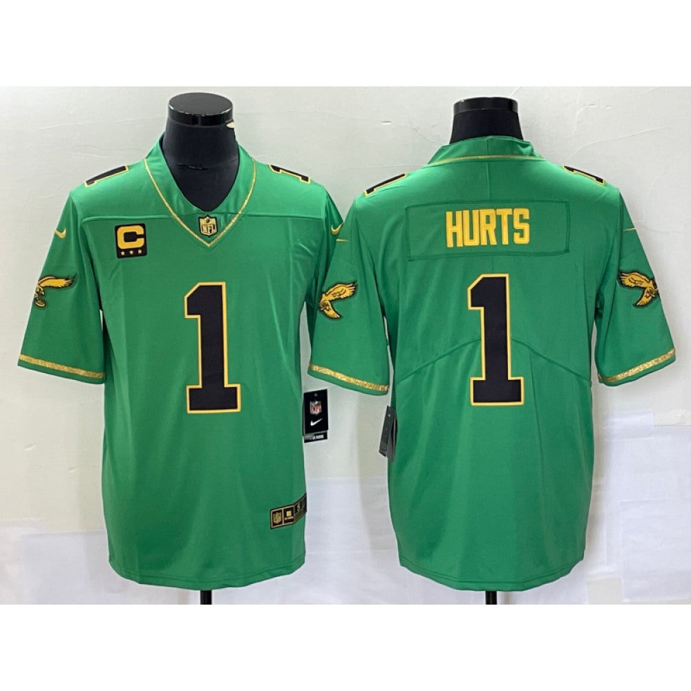 Men's Philadelphia Eagles #1 Jalen Hurts Green Gold Vapor Limited With 3-star C Patch Stitched Football Jersey 