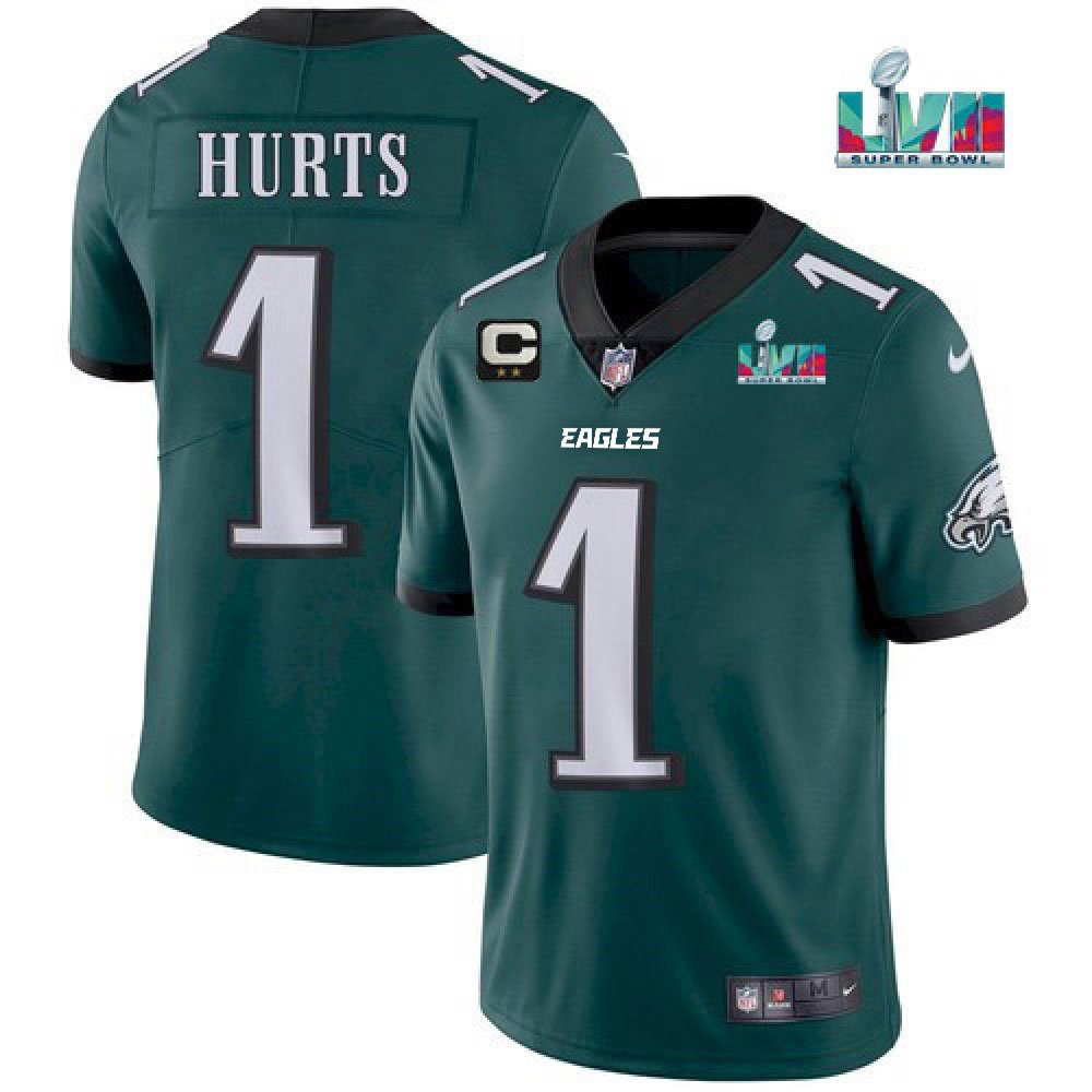 Men's Philadelphia Eagles #1 Jalen Hurts Green Super Bowl LVII Patch And 2-star C Patch Vapor Untouchable Limited Stitched Jersey 