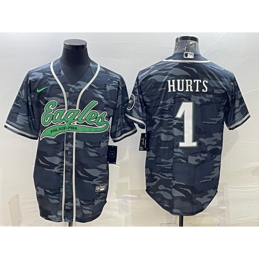 Men's Philadelphia Eagles #1 Jalen Hurts Grey Camo With Patch Cool Base Stitched Baseball Jersey 