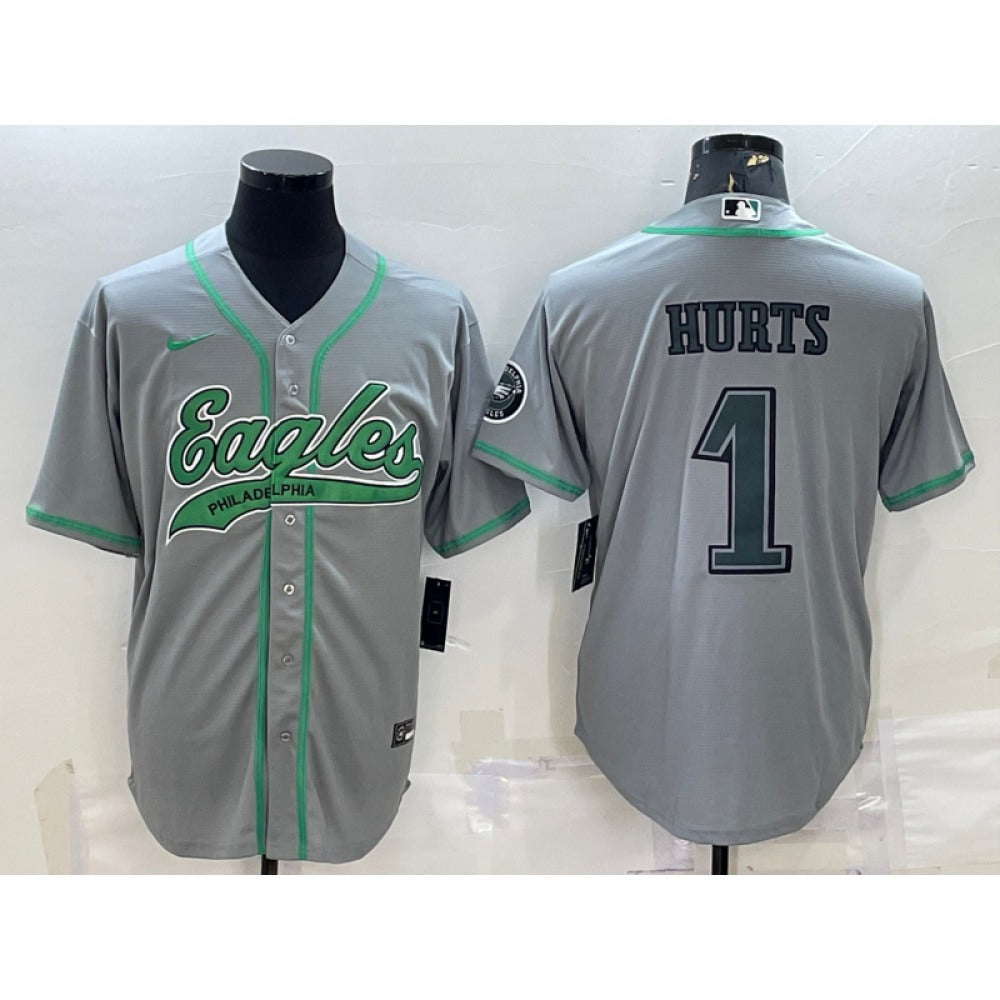 Men's Philadelphia Eagles #1 Jalen Hurts Grey With Patch Cool Base Stitched Baseball Jersey 
