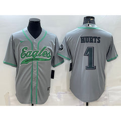 Men's Philadelphia Eagles #1 Jalen Hurts Grey With Patch Cool Base Stitched Baseball Jersey 