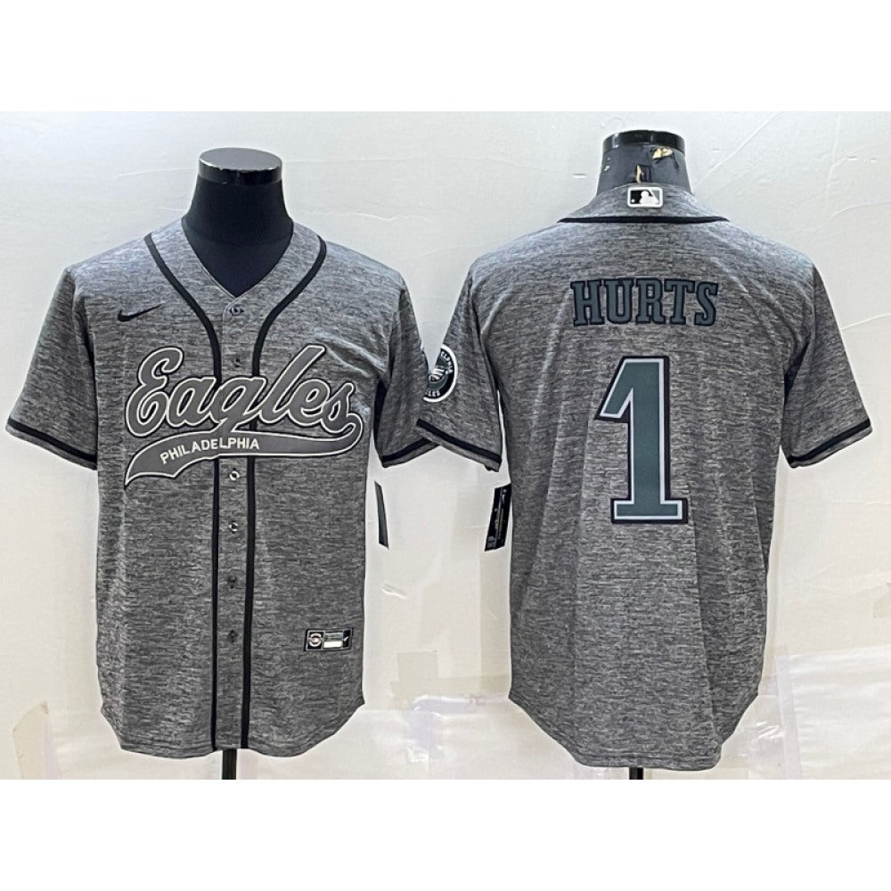 Men's Philadelphia Eagles #1 Jalen Hurts Grey With Patch Cool Base Stitched Baseball Jersey 